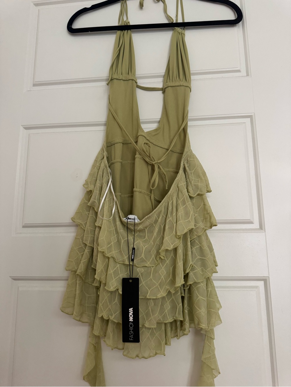 Ruffled Halter Mini Dress in Light Olive Green - Picture 5 of 6